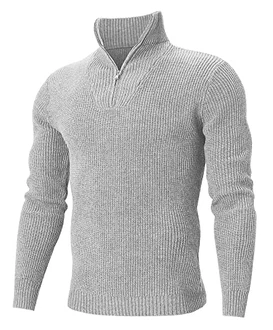 AIDEAONE Männer Zip Pullover Turtleneck Strickpullover Stehkragen Pullover Sweater Slim Fit Basic Feinstrick Zip Neck Pullover Hellgrau