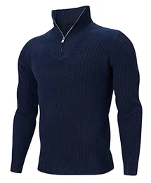 Männer Pullover Zip Pullover Turtleneck Strickpullover Stehkragen Sweater Slim Fit Basic Feinstrick Zip Neck Pullover Dunkelblau