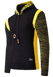 Herren Kapuzenpullover im Colorblock-Design Grob Strick Pullover mit Kapuze M L XL XXL Men Knitwear 414, Farbe:Schwarz, Größe:M