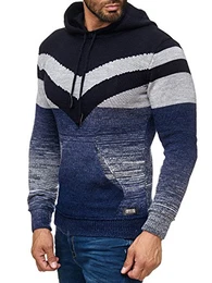 Kapuzenpullover Herren Strick Pullover im Color-Block-Design Strickpullover mit Kapuze S M L XL XXL 3XL 4XL 311, Farbe:Marine, Größe:L