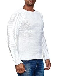 Herren Streetwear Grob Strick Pullover im Biker Style Langarm Rundhals Strickpullover 318, Farbe:Weiß, Größe:M