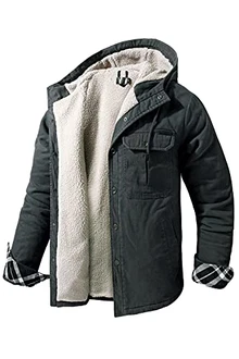 EUSMTD Herren Beiläufig Plaid Fleece Baumwoll Hoodie Shirt Jacke mit Plüschfell Innenfutter (3252) Grau (3255)