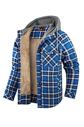 Herren Beiläufig Plaid Fleece Baumwoll Hoodie Shirt Jacke mit Plüschfell Innenfutter 3252 Blue M