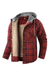 Herren Beiläufig Plaid Fleece Baumwoll Hoodie Shirt Jacke mit Plüschfell Innenfutter 3252 Red M