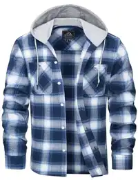 Herren Kariert Flanellhemd Baumwolle Hemd Shirt Outdoor Plaid Sweatshirt Männer Atmungsaktiv Arbeitshemd Frühling Herbst Lässige Karohemd mit Kapuze Blau Weiß M