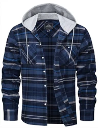 MAGCOMSEN Herren Checked Shirt Hemd mit Kapuze Blau/Grau