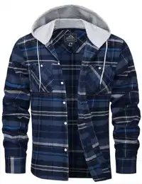 Herren Checked Shirt Hemd Kapuze Kariertes Hemd Freizeit Flanellhemd Jacke Männer Atmungsaktiv Holzfällerhemd Basic Outdoor Arbeitshemd Baumwolle Wandern Hoodie Blau Grau M