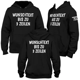 Hoodie mit Wunschtext bis zu 3 Zeilen Pulli Kapuzenpullover Beschriftung Brust Arm Rücken, Schwarz, S