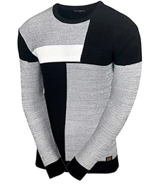 Herren Pullover Slim Fit Rundhals Strick-Pullover Rundkragen Moderner Männer schwarzer Pulli Longsleeve in Feinstrick Sweatshirt BB-52288, Farbe:Grau/Schwarz, Größe:M