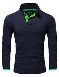 Herren Poloshirt Basic Kontrast Langarm Polohemd Shirt R0521 Navyblau/Grün M