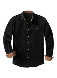Flanellhemd Herren Kariert Einfarbig Baumwolle Langarm Casual Flanellhemden Western Karohemd Mit Brusttasche Regular Fit Schwarz M