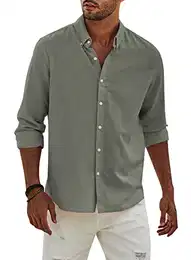 Hemd Herren Buissnes Leinenhemd Freizeithemd Casual Leinen Bluse Langarm Shirts Regular Fit Western Hemden Baumwolle Langarmhemd Frühling Sommer Herbst Grün XL