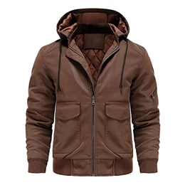 Herren Lederjacke Kunstlederjacke Winterjacke Motorradjacke Für Herren Schwarz Braun Warme Kunstlederjacke Vintage Bikerjacke mit Abnehmbarer Kapuze