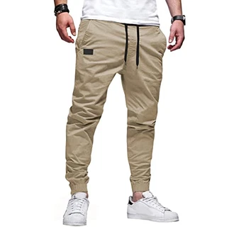 AlvaQ Herren Chino Cargohose Jogginghose mit Kordelzug Casual Hose Khaki