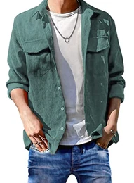 Herren Cord Hemd Freizeithemd Einfarbig with Button Placke Langarm Regular Fit Casual Hemdjacke, Cordhemd Grün XXL