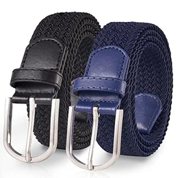 2 Stücke Stoffgürtel Stretchgürtel Elastik Flechtgürtel Geflochtener und Elastischer Dehnbarer Gürtel für Damen und Herren Breite 3.3cm Schwarz+Blau 110cm