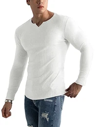 Herren Slim Fit Langarmshirt Shirts V-Ausschnitt,Langarm&Kurzarm Sports Casual T-Shirt Muskel Workout Top Unterhemden (Weiß/M)