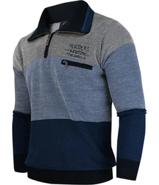 Herren Langarm Sweatshirt mit Brusttasche, Poloshirts, Winter- Strick- Pullover, gestreift aus Baumwoll-Mix (M bis 3XL) (M, [M7] Navy)