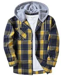 Herren Kariertes Hemd Klassische Modisch Langarm Button Up Freizeithemd mit Kapuze