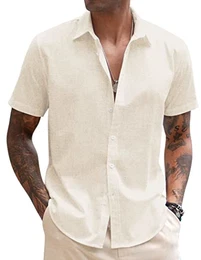 Herren-Hemd, Leinen, lässig, kurzärmelig, Knopfleiste, Sommer, Strandhemd, Hellkhaki, Mittel
