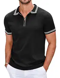 Herren Poloshirt Kurzarm mit Reißverschluss Slim Fit V-Ausschnitt gestrickte Umlegekragen Casual Polohemd für Männer Schwarz M