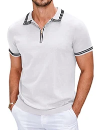 Herren Poloshirt Kurzarm gestrickte Streifen Casual Umlegekragen Polohemd mit Reißverschluss für Männer Reines Weiß M