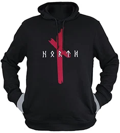 North - Original North Runen Logo Nordmann - Viking Pullover Walhalla Sweater- Wikinger Hoodie Herren mit Kapuze - Bio Baumwolle - Geschenke für Männer, Größe:M, Farbe:Schwarz/Blutrot