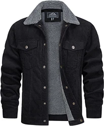 TACVASEN Herren Cord Jacke Winterjacke Trucker Jacke Schwarz