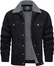 Herren Herbstjacke Cord Jacke Arbeitsjacke Teddyfutter Cargojacke Casual Jacket mit Fell, Schwarz, M