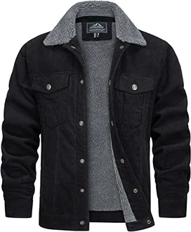 TACVASEN Herren Cord Jacke Winterjacke Trucker Jacke Schwarz