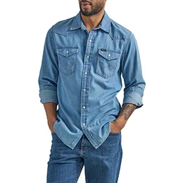 Herren Iconic Denim Regular Fit Snap Shirt Hemd mit Button-Down-Kragen, Lake Wash, Mittel