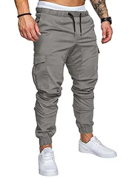 Hell Grau Hosen Herren Cargohose Einfarbig mit Taschen Cargo Hose Bundgummi Elastisch 32