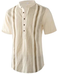 Leinenhemd Herren Kurzarm Hemd Hawaii Henley Sommerhemd Baumwolle vertikal gestreiftes Hemd Beige M