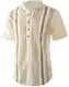 APTRO Leinenhemd Herren Kurzarm Hemd Hawaii Henley Sommerhemd Baumwolle vertikal gestreiftes Hemd Beige M