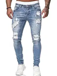 Herren Destroyed Jeans Biker Hose Herren Löcher Slim Lang Jeans Denim Hose Vintage Männer Zerrissen Jeanshose Skinny Jeanshosen Bleistifthose Hosen A Hellblau M