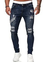 Herren Jeans Hose Slim Fit Denim Lange Destroyed Jeanshose für Männer Hip Hop Hose Coole Jungen Mode Stretch Freizeithose Schwarze Cargo Chino Hose Herbst A Dunkelblau M