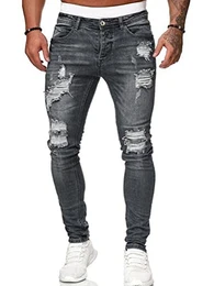 Herren Jeans Hose Slim Fit Denim Lange Destroyed Jeanshose für Männer Hip Hop Hose Coole Jungen Mode Stretch Freizeithose Schwarze Cargo Chino Hose Herbst A Grau M