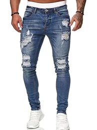 Herren Destroyed Jeans Biker Hose Herren Löcher Slim Fit Lang Jeans Denim Hose Vintage Männer Zerrissen Jeanshose Skinny Jeanshosen Bleistifthose Hosen A Blau S