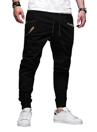 Chino Hose Herren Jogginghose Baumwolle Sport Hose mit Tunnelzug Stretch Cargohose mit Taschen Freizeithose Schwarz M