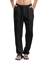 Gemijacka Herren Lange Leinenhose mit Gummibund Ultralleicht Sommerhose Blickdicht Strandhose Schwarz