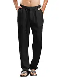 Hose Herren Lange Leinenhose mit Gummibund Ultralleicht Sommerhose Blickdicht Strandhose Schwarz L