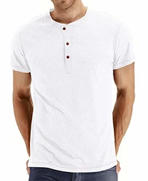Herren T-Shirt Baumwolle Kurzarm Alltags-Henley-Hemd,Weiß,M EU