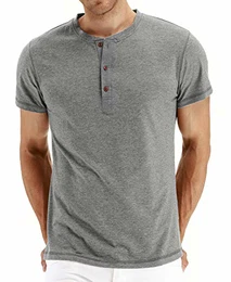 Herren T-Shirt Baumwolle Kurzarm Alltags-Henley-Hemd,Hellgrau,M EU