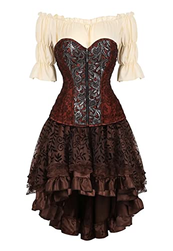Steampunk Corsage-Kostüm-Set Für Damen - Mit Unterbrust-Korsett, Piratenbluse & Chiffon-Rock - Größen XS Bis 7XL, Für Karneval & Mottopartys