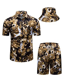 Herren barock 2-Teiliges Outfit Luxuriöse Muster Schwarz Hemd shorts mit EimerhutFreizeitanzug Sommer Urlaub Strand set Medium