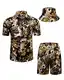 fohemr Herren barock 2-Teiliges Outfit Luxuriöse Muster Schwarz Hemd shorts mit EimerhutFreizeitanzug Sommer Urlaub Strand set Medium