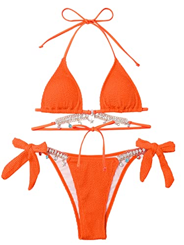 GORGLITTER Damen Bikini Set 3-teilig – Neckholder-Top, Tanga & Cover-Up Rock – Mit Schnürung, Weicher Stoff