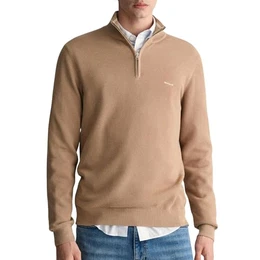 Herren Cotton Pique Halfzip Pullover, Dark Khaki, M EU