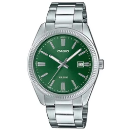 Unisex Quartz Armbanduhr, 39.00mm Gehäusegröße mit grün analog Zifferblatt und Silber Metallarmband Armband MTP-1302PD-3AVEF