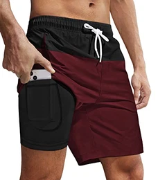 Badehose Herren mit Kompression Liner 2 in 1Atmungsaktiv Schwimmhose Badeshorts Männer Elastisch Trainingsshorts Verstellbar Tunnelzug mit Tasche(Rot,Mittel)